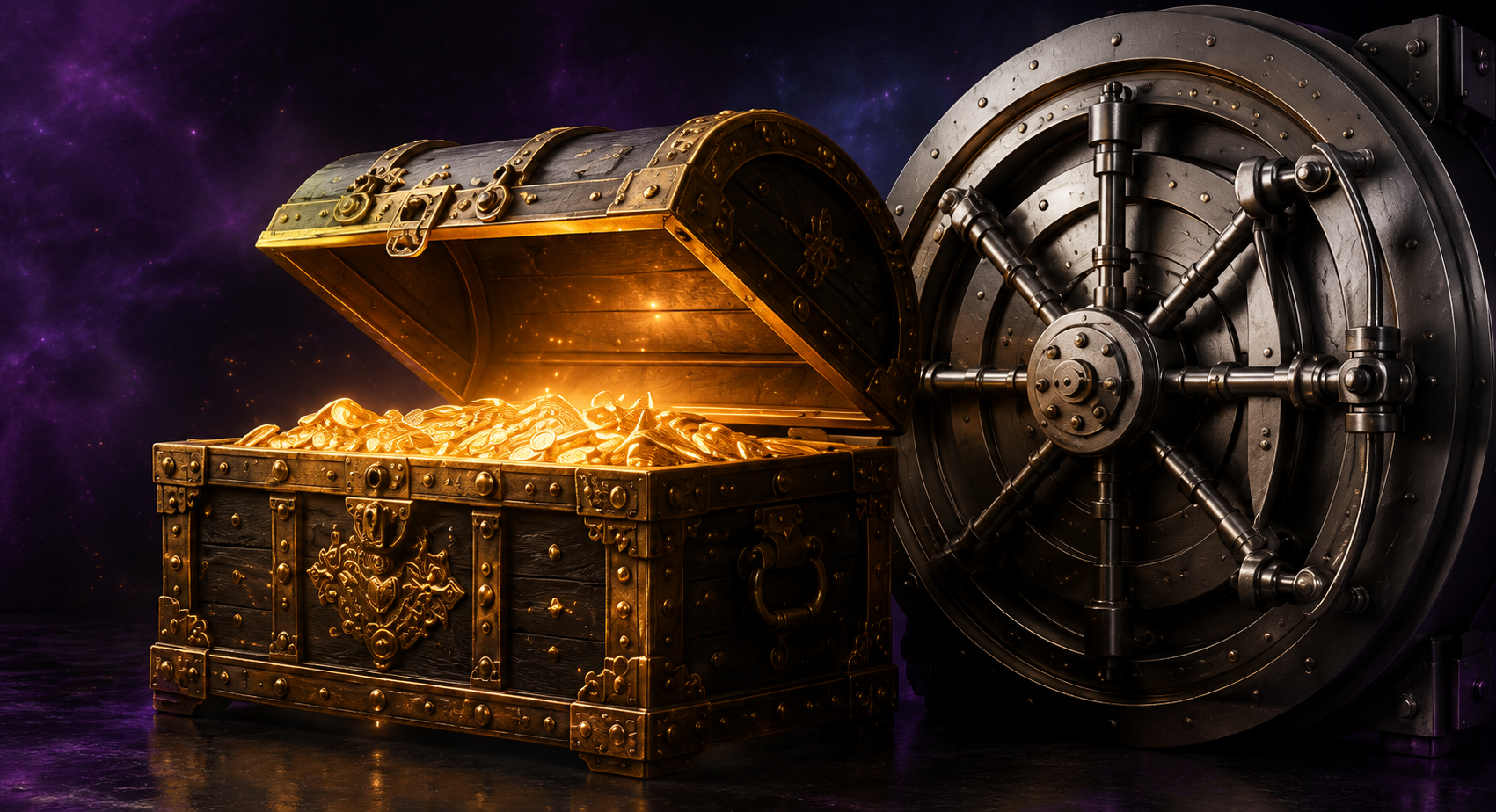 Treasure chest beside a large vault door