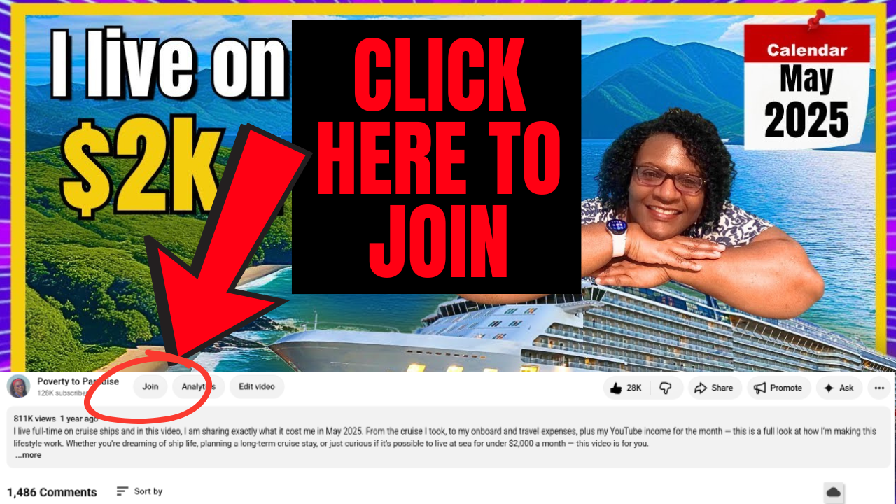 Illustration showing where to click the Join button on the Poverty to Paradise YouTube channel